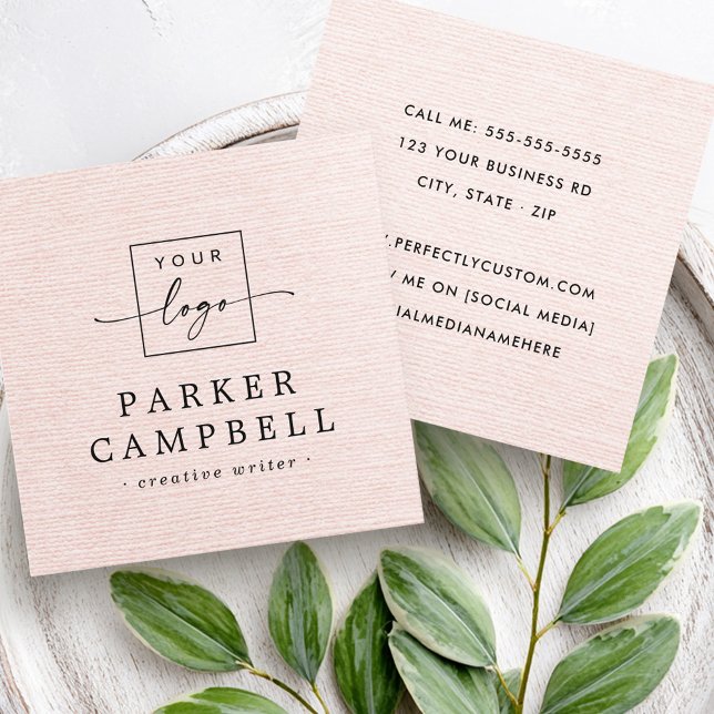 Light blush pink linen look add logo minimalist square business card (Light blush pinl linen look add logo minimalist square business card)