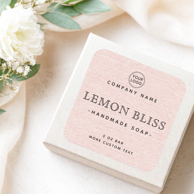 Light blush pink linen look square product labels | Zazzle