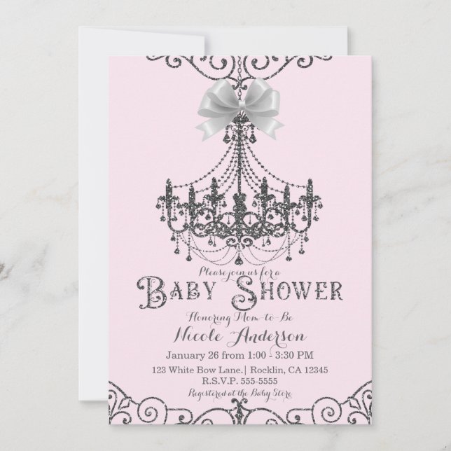 Light Blush Pink & Silver White Bow Baby Shower Invitation (Front)