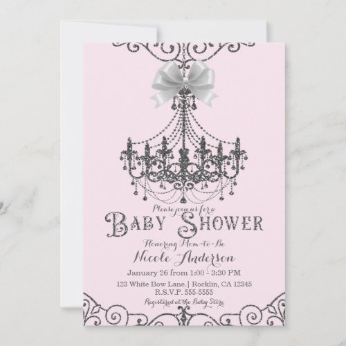 Light Blush Pink  Silver White Bow Baby Shower Invitation