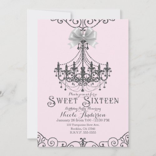 Light Blush Pink Silver White Bow Sweet 16 Sixteen Invitation