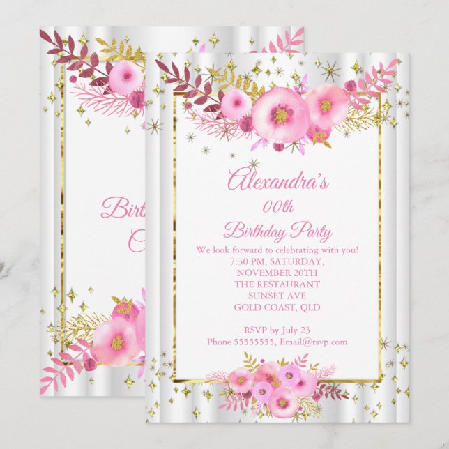 Light Blush Pink White Flowers Gold Birthday Party Invitation (Front/Back)