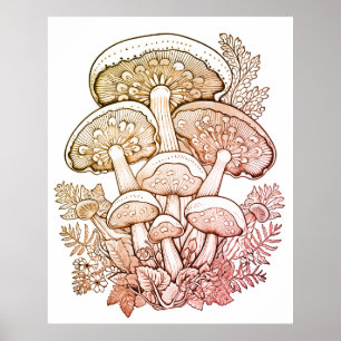 Light Bown Mushrooms on Black Background on a Wall Poster