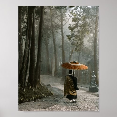 Light Breaks Through as Monk Descends Temple Steps Poster