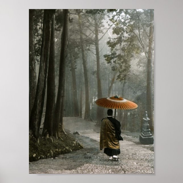Light Breaks Through as Monk Descends Temple Steps Poster (Front)
