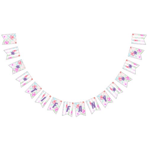 Light Bright Purple Name on Peachy Flowers on Teal Bunting Flags