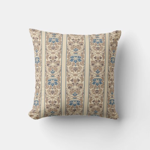 Light brown and cream with blue flowers stripe throw pillow