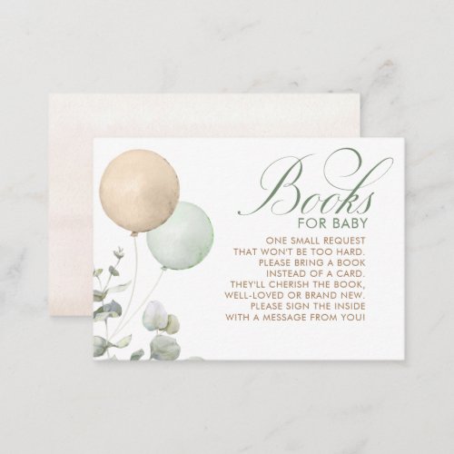 Light Brown and Sage Balloons Baby Shower Books Enclosure Card