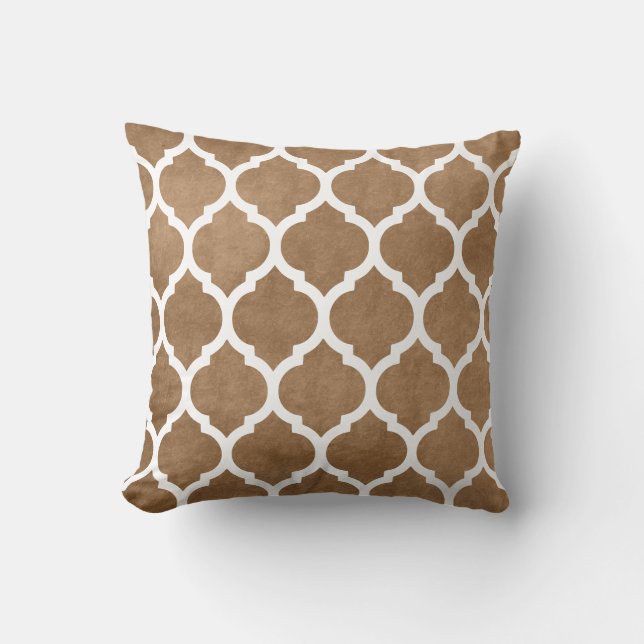 Light Brown and White Classic Trellis Quatrefoil Throw Pillow (Front)