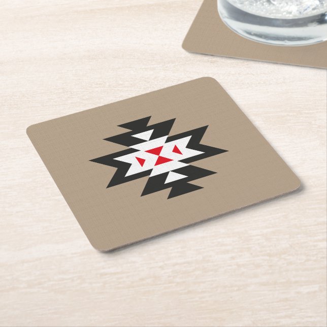 Light Brown Black White Red Aztec Pattern Square Paper Coaster (Angled)