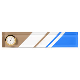Light Brown Bright Blue White Racing Stripes Clock Desk Name Plate