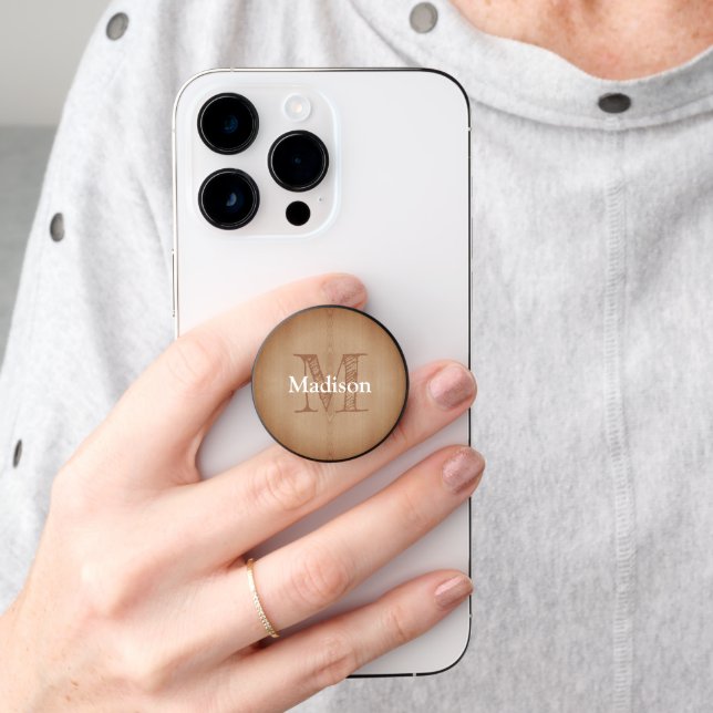 Light brown burnt wood grain Monogram PopSocket (Hand)