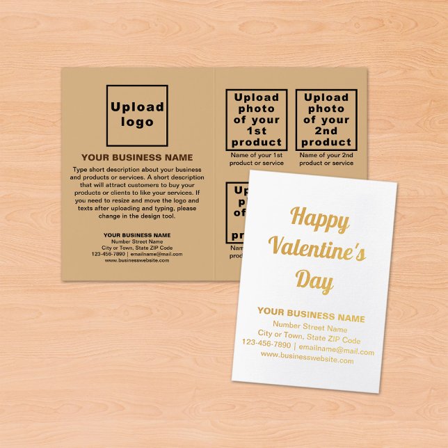 Light Brown Business Brand on Valentine Foil Card (Light brown business brand with products on Valentine folded foil card on table.)