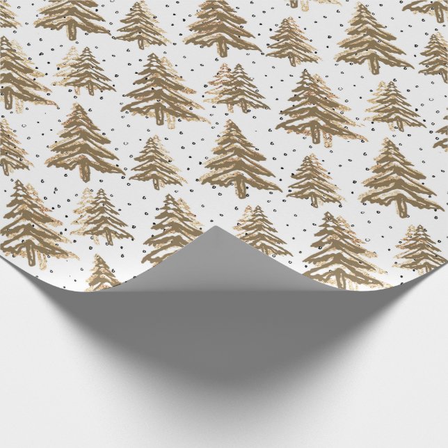 Light Brown Christmas Tree & Gold Glitter Pattern Wrapping Paper (Corner)