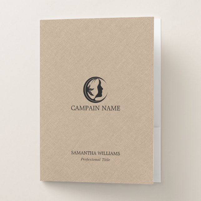 Light brown faux linen texture custom logo pocket folder (Front)