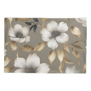 Light Brown Gold Black White Floral Pillow Case