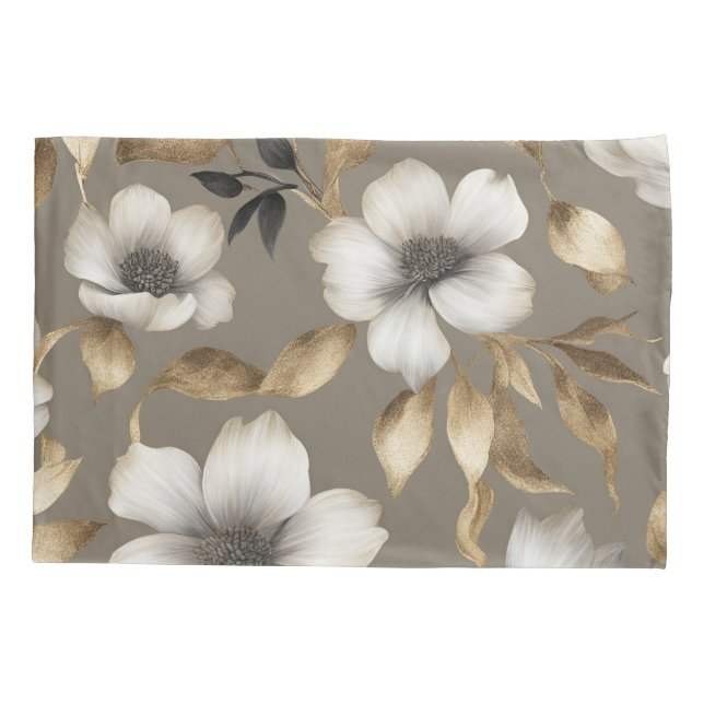 Light Brown Gold Black White Floral Pillow Case (Back-Left)