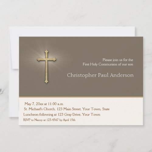 Light Brown, Gold Cross, Religious Invitation