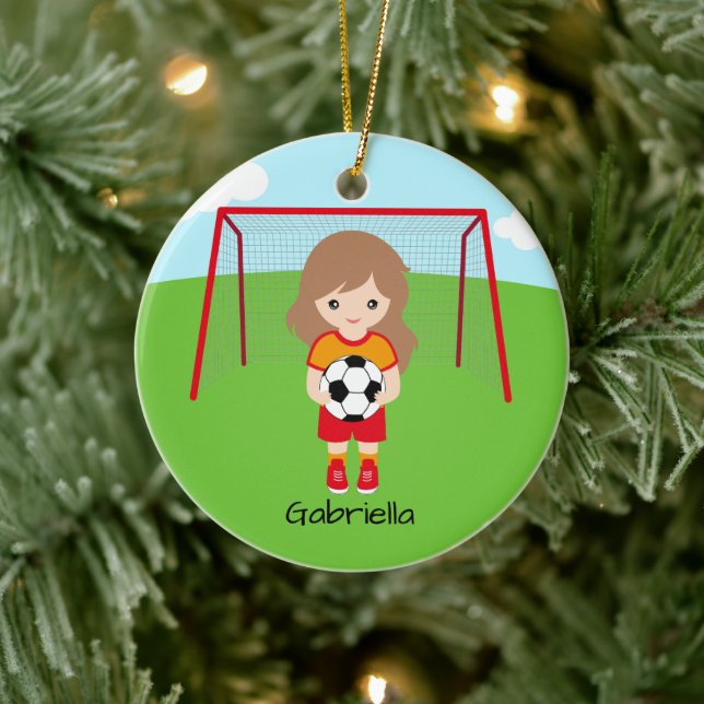 Light Brown Haired Soccer Girl Christmas Ceramic Ornament (Tree)