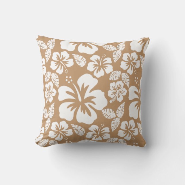 Light Brown Hawaiian Tropical Hibiscus Throw Pillow (Front)