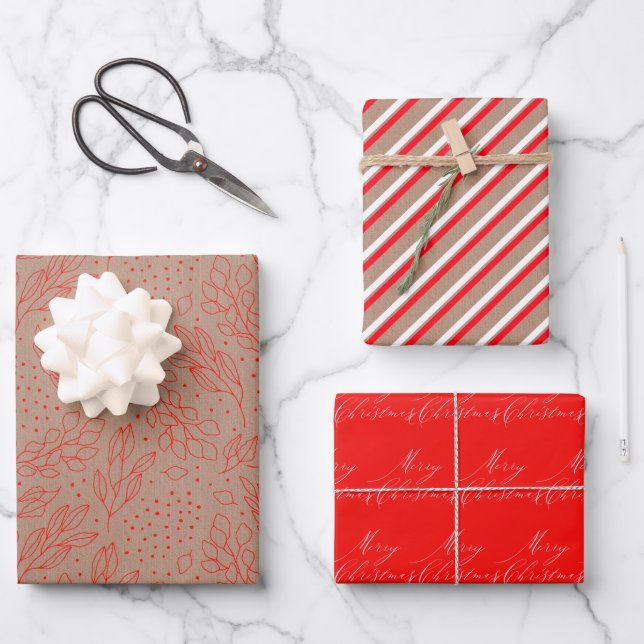 Light Brown Kraft, Red and White Assorted Wrapping Paper Sheets (Front)