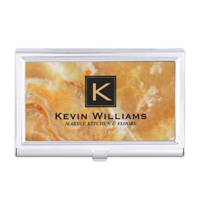 Light Brown Marble Stone Texture Black Accent Business Card Holder (Front)