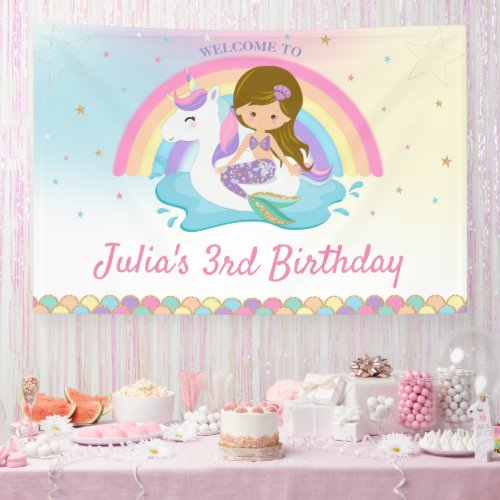 Light Brown Mermaid Unicorn Pool Birthday Welcome  Banner