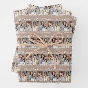 Light Brown Merry Christmas Photo Collage Wrapping Paper Sheets