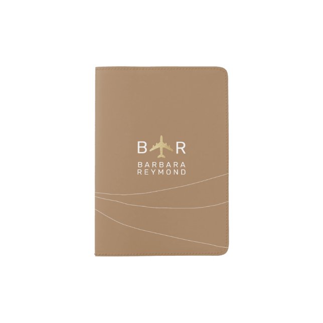 Light Brown Modern Airplane Monogram Travel   Passport Holder (Front)