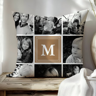 Light Brown Monogram Family Photo Collage Throw Pillow