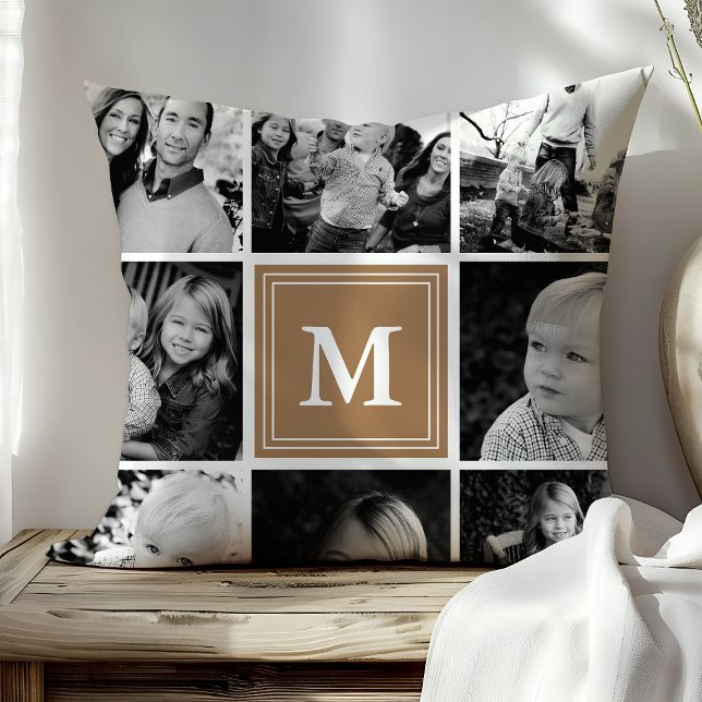 Light Brown Monogram Family Photo Collage Throw Pillow (Creator Uploaded)