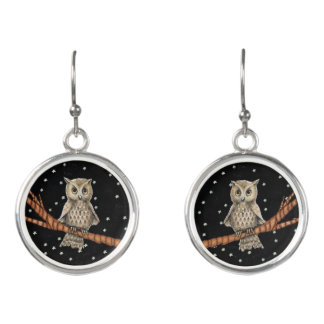Light Brown Owl Blue Necklace White Stars Earrings