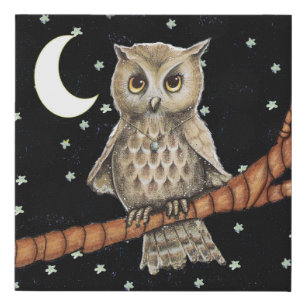 Light Brown Pretty Owl With Necklace Moon Stars Faux Canvas Print