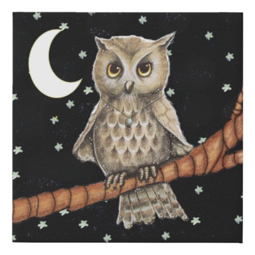 Light Brown Pretty Owl With Necklace Moon Stars Faux Canvas Print