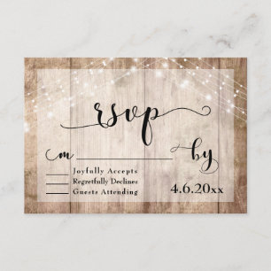 Light Brown Rustic Wood & Lights Wedding RSVP