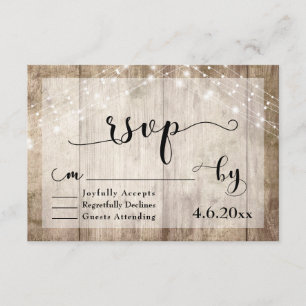 Light Brown Rustic Wood & Lights Wedding RSVP Card