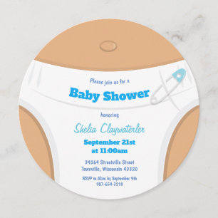 Light Brown Skin & Diaper Blue Baby Shower Invitation