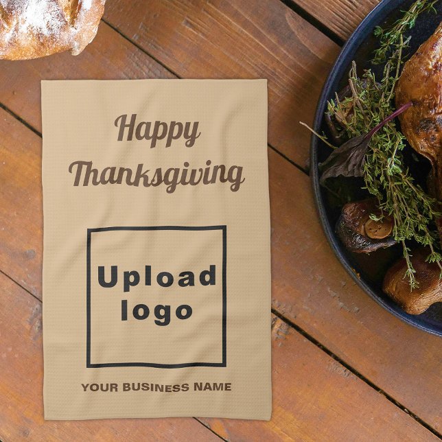 Light Brown | Thanksgiving | Business | Kitchen Towel (Business name and logo with Thanksgiving greeting on light brown kitchen towel)