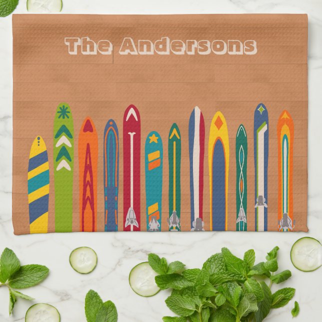 Light Brown Vintage Skis Personalized Kitchen Towel (Folded)