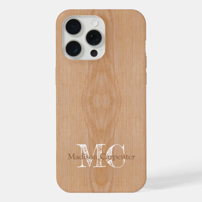 Light brown wood grain Carpenter Monogram name iPhone Case (Back)