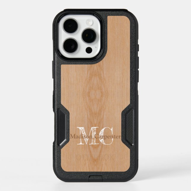 Light brown wood grain Carpenter Monogram name Otterbox iPhone Case (Back)