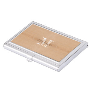 Light brown wood grain Custom Monogram Business Card Case
