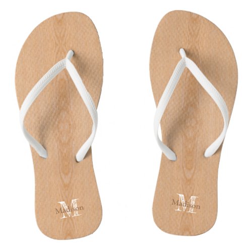 Light brown wood grain Custom Monogram Flip Flops