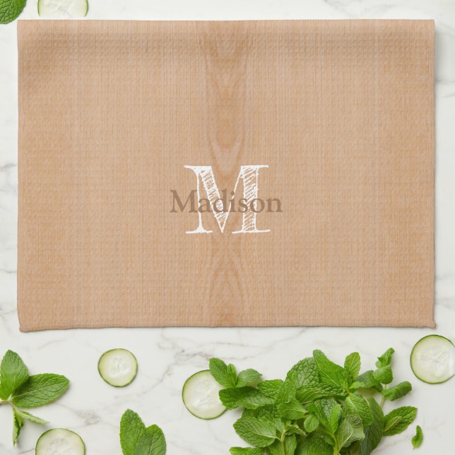 Light brown wood grain Custom Monogram Kitchen Towel (Folded)