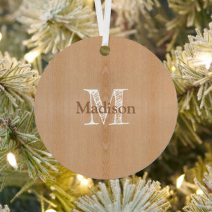 Light brown wood grain Custom Monogram Metal Ornament