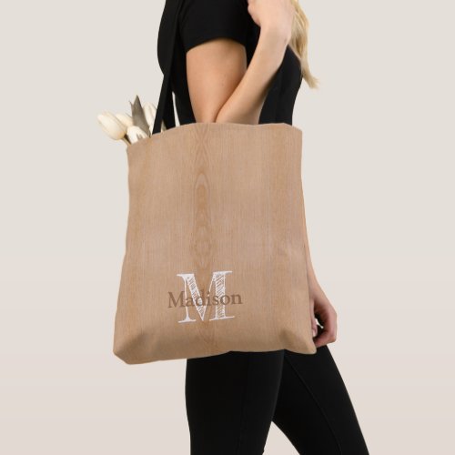 Light brown wood grain Custom Monogram Tote Bag