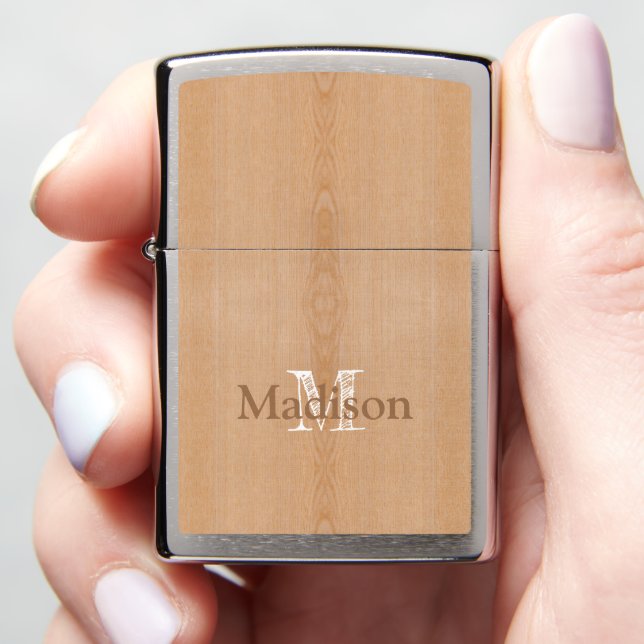 Light brown wood grain Custom Monogram Zippo Lighter (In Hand)
