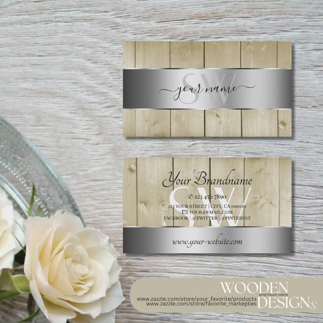 Light Brown Wood Grain Look Monogram Silver Decor Business Card (Creator Uploaded)