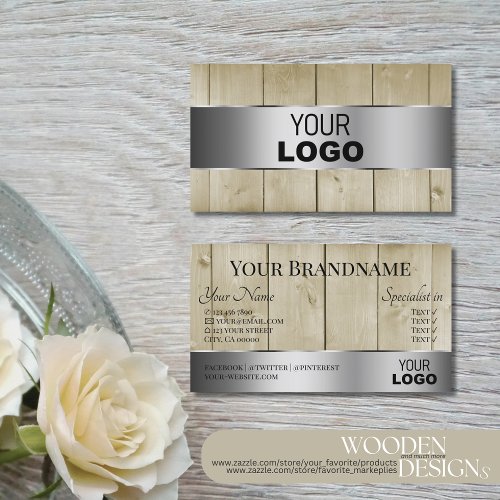Light Brown Wood Grain Look with Logo Silver Decor Business Card