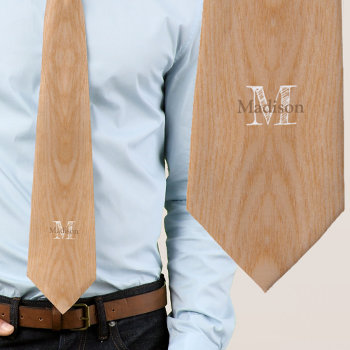 Light Brown Wood Grain Monogram Neck Tie by PLdesign at Zazzle